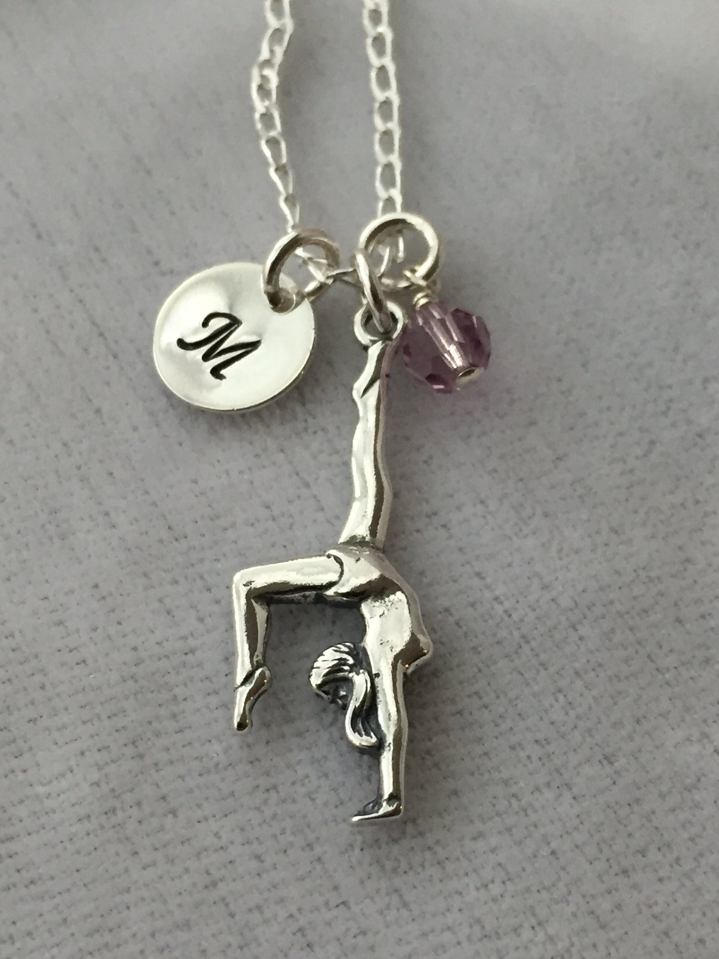 Sterling Silver Personalized Gymnastic Necklace, Birthstone Necklace, Gymnast Necklace, Personalized Gymnast Charm Jewelry,Initial Necklace