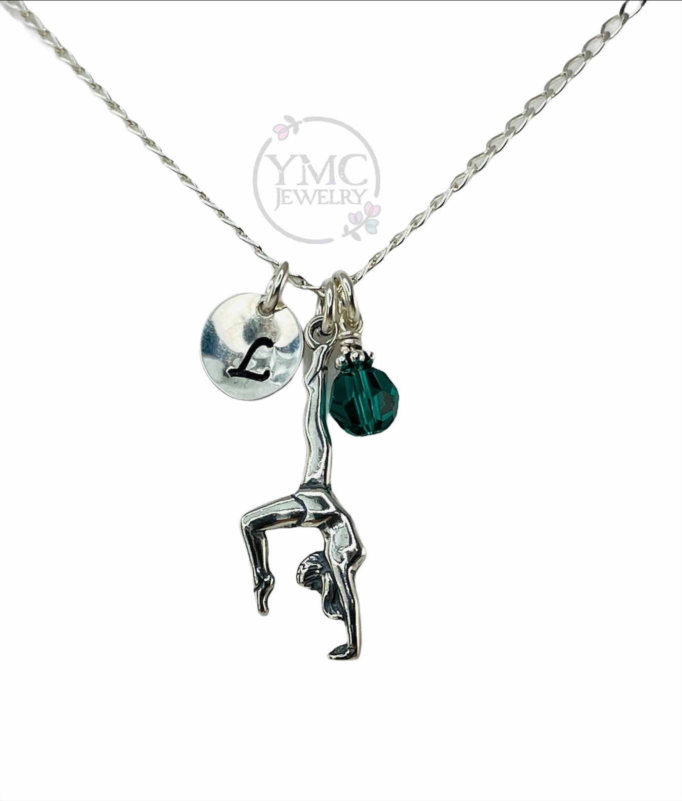 Sterling Silver Personalized Gymnastic Necklace, Birthstone Necklace, Gymnast Necklace, Personalized Gymnast Charm Jewelry,Initial Necklace