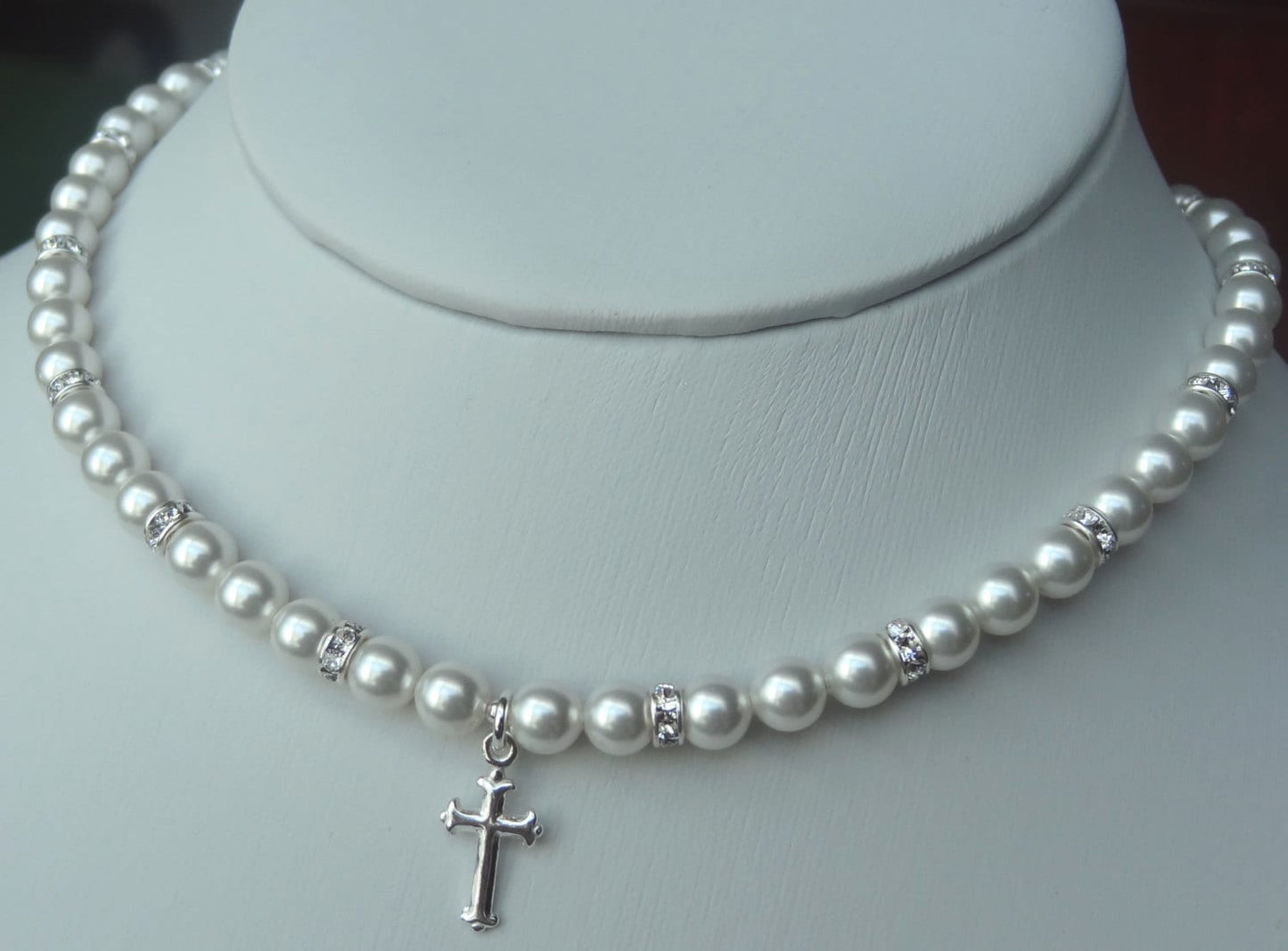 First Communion/Confirmation Crystal Pearl Heart Cross Necklace