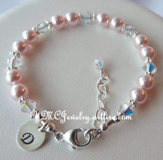 Baby Pearl Initial Children Bracelet,Personalized Baby Pink Pearl Bracelet,Initial Bracelet, Baptism Cross Bracelet,  Pink Pearl Bracelet